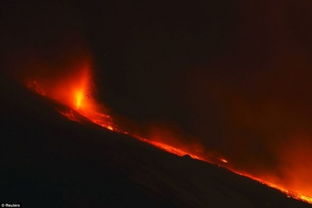 意火山夜间喷发熔岩映红西西里岛天空 