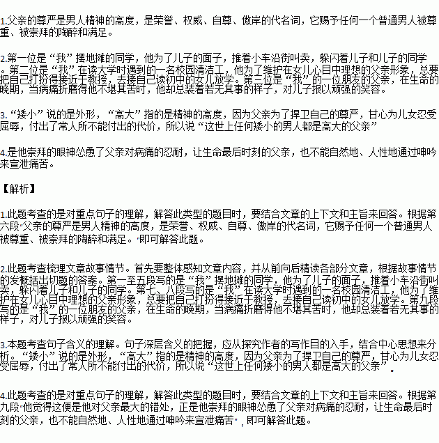 阅读下面的文章.回答问题.父爱的尊严是一种痛①同学从家乡的县城来看我.我差点儿认不出他.几年不见.头发已经白了一半.对他来说.这是沧桑生活的见证.他从贫苦的农村家庭走出来 