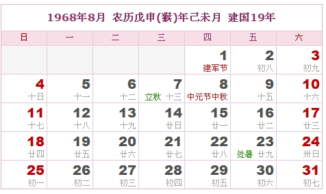 1968年日历表 1968年农历表 1968年是什么年 阴历阳历转换对照表 