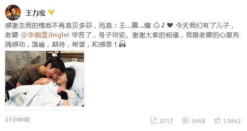 王力宏老婆三胎产子,晒一家五口温馨照 今天我们有了儿子