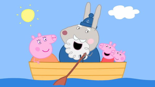 小猪佩奇一家在海上玩,佩奇和猪妈妈坐在兔爷爷掌舵的小木船上 