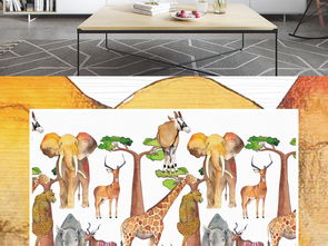 北欧风水彩手绘非洲动物背景墙壁纸壁画图片素材 效果图下载 