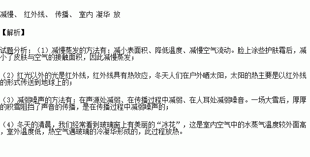 冷空气不断来袭.天气转凉.试解释进入冬季后常见现象蕴含的物理知识 1 脸上涂些护肤霜后感觉寒风没那么刺骨.因为护肤霜 蒸发. 2 冬天人们在户外晒太阳.太阳的热主要是以 