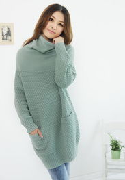 2014新品 韩版女装堆堆领毛衣菠萝纹宽松毛衣裙外套针织衫 