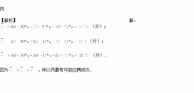 某中外合资公司招聘一名外语翻译.初步筛选后.有甲.乙.丙三名候选人进入最后的应聘测试.三人的口语.笔试.面试成绩如下表.三项成绩按扇形统计图中的比例计入总分.三人中谁最有可能应聘成功 