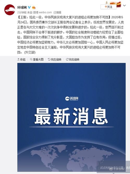 王毅 经此一役,中华民族实现伟大复兴的进程必将更加势不可挡