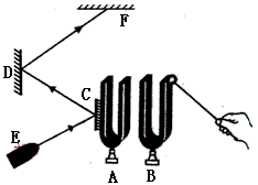 AB为两个相同的音叉，C是粘在音叉叉股上的小平面镜，D为