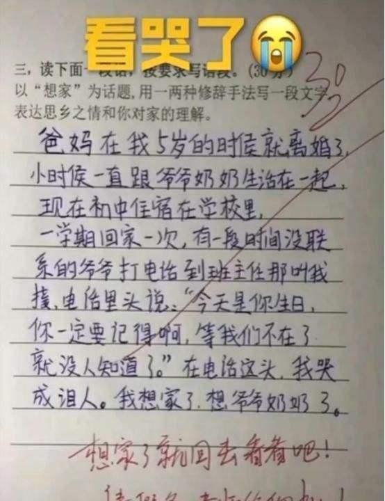 小学生满分作文让人心酸,老师改卷泪目,缺爱的孩子让人心疼