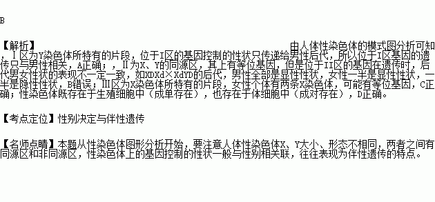 如图是人体性染色体的模式图.下列叙述不正确的是 A.位于I区基因的遗传只与男性相关B.位于II区的基因在遗传时.后代男女性状的表现一致C.位于III区的致病基因.在体细胞中也可能有等位基因 