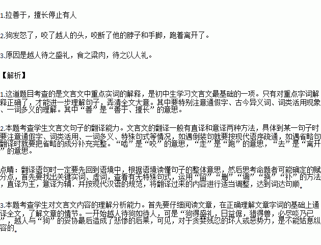 课外文言文阅读.越人道上遇狗.狗下首摇尾人言曰 我善猎.与若中分. 越人喜.引而俱归.食以粱肉.待之以人礼.狗得盛礼.日益倨.猎得兽.必尽啖乃已.或嗤越人曰 