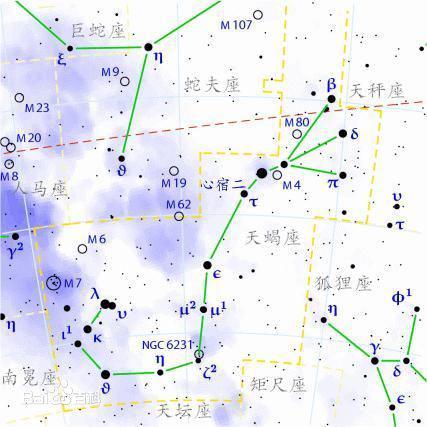 天蝎星在星空的那里,有几个星星组成,是什么形状 