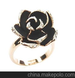 黑玫瑰花戒指 女款 中指食指戒 饰品尺寸大小可调 套装批发定做