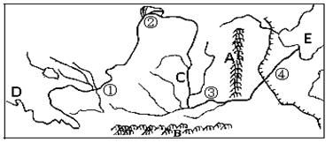 读黄河示意图.回答. 1 河流发源地山脉A .注入的海洋B. 上.中游分界点④ .中.下游分界点⑤ 2 黄河主要支流 ① .② . 3 农业区③是 .城市⑧ . 4 