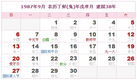 1987年日历表 1987年农历表 1987年是什么年 阴历阳历转换对照表 