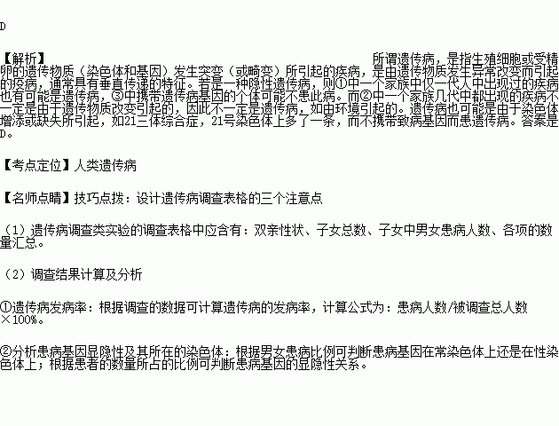 下列关于人类遗传病的叙述.错误的是 ①一个家族仅一代人中出现过的疾病不是遗传病②一个家族几代人中都出现过的疾病是遗传病③携带遗传病基因的个体会患遗传病④不携带遗传病基因的个体不会患遗传病 