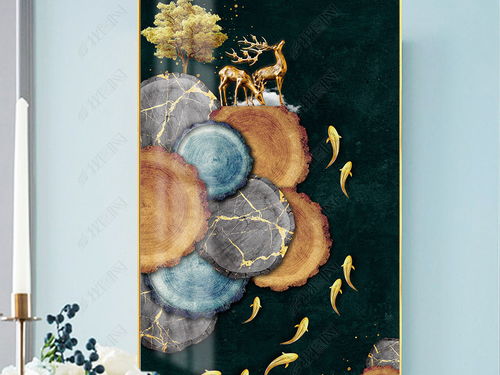现代抽象金色年轮麋鹿发财树九鱼聚财装饰画图片下载 