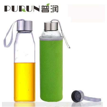 普润 550ML耐热玻璃水瓶创意车载玻璃杯子矿泉水瓶带盖茶杯PRB15绿色