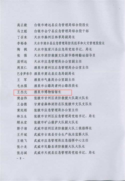 酒泉市博物馆王杰元被评为全省安全生产防灾减灾应急管理工作先进个人