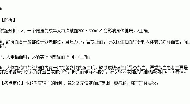 一个健康成年人的血液总量为多少升到多少升？义务献血者每次献血量一般为多少毫升？