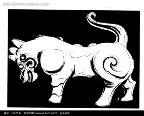 中国古代雕刻 头上长尖齿的卷曲纹尾巴的动物 