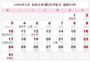 1992年日历表,1992年农历表 阴历阳历对照表