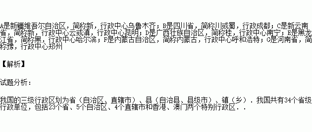 写出图中字母代表的省级行政单位的名称.简称和行政中心. 题目和参考答案 青夏教育精英家教网 