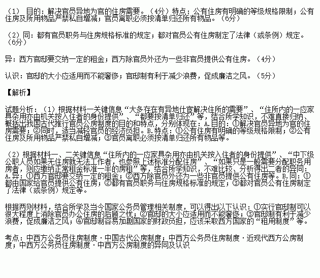 2013 年.中共十八届三中全会提出了探索实行官邸制以制约住房腐败的设想.阅读下列材料.回答问题.材料一 自秦汉起.各级官员均由国家任命.无论是各地贤能被征辟或举荐到中央当官 