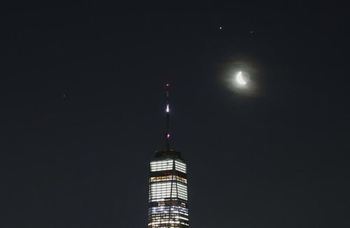 美国纽约上空出现 三星伴月 天象