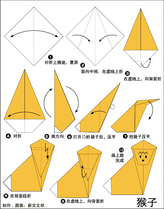 表情 儿童折纸教程简单有趣的折纸之动物主题折纸方法之猴子的折纸方法 ... 表情 