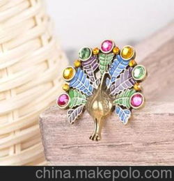 韩国时尚 欧美彩色孔雀开屏复古戒指 指环