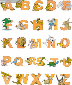 手绘动物字母表 儿童识字表矢量素材