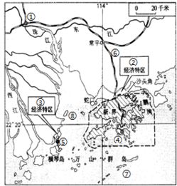 读图.填写图中知识 ① ,② ,③ 经济特区 ,④ ,⑤ ,⑥ ,⑦ 海 ,⑧ . 题目和参考答案 精英家教网 