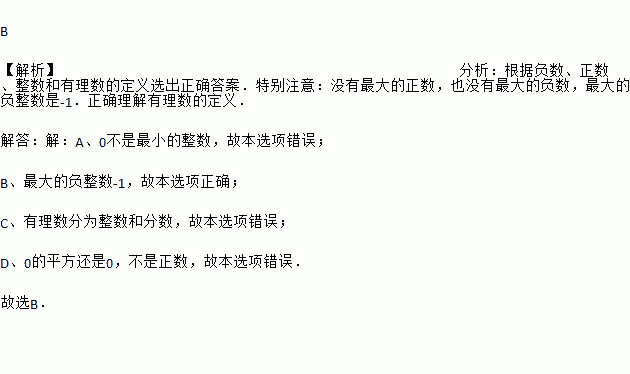 下列说法中.正确的是 A. 0是最小的整数B. 最大的负整数是﹣1C. 有理数包括正有理数和负有理数D. 一个有理数的平方总是正数 B 分析 根据负数.正数 