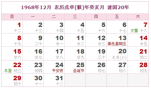 1968年日历表 1968年农历表 1968年是什么年 阴历阳历转换对照表 