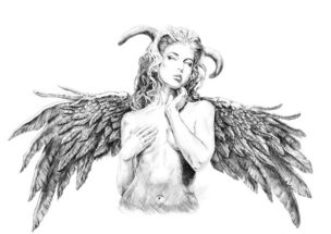 求带大翅膀的天使与恶魔素描 