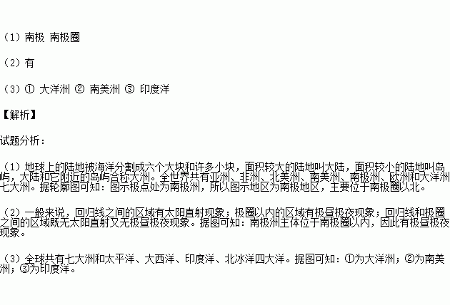 读下图.回答问题 1 图示地区为 地区.位于 以北. 2 图中心的大洲 极昼和极夜现象. 3 写出图中数码所代表的大洲或大洋名称 大洲 ① ② 大洋 ③ 题目和参考答案 