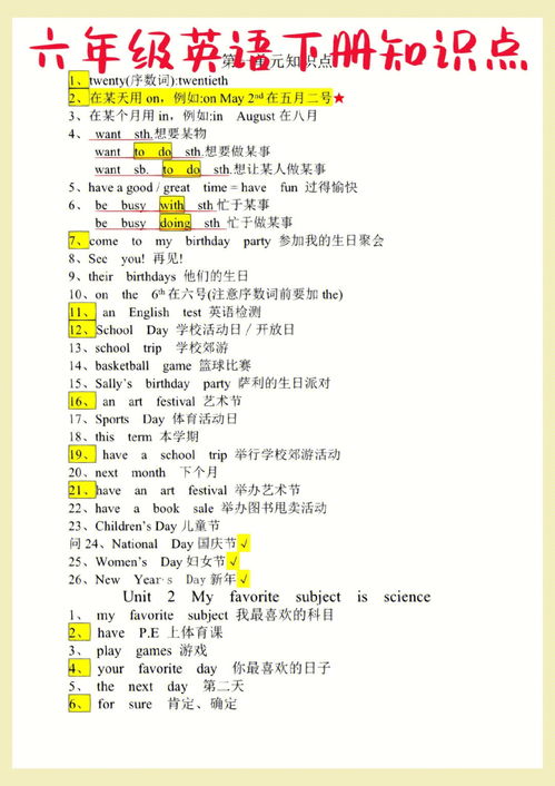 六年级英语下册知识点 