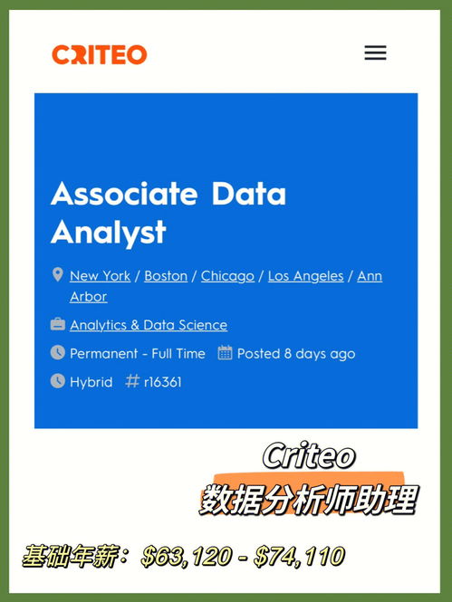 H1B Sponsor公司 Criteo数据分析师助理 