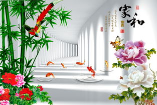 立体中式牡丹竹子背景墙图片素材 效果图下载 