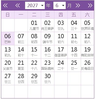 2027全年日历农历表 
